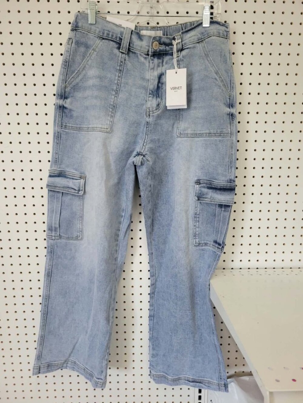 Vervet Super High Rise Dad Utility Jeans Light Wash With Cargo Pockets Size 14